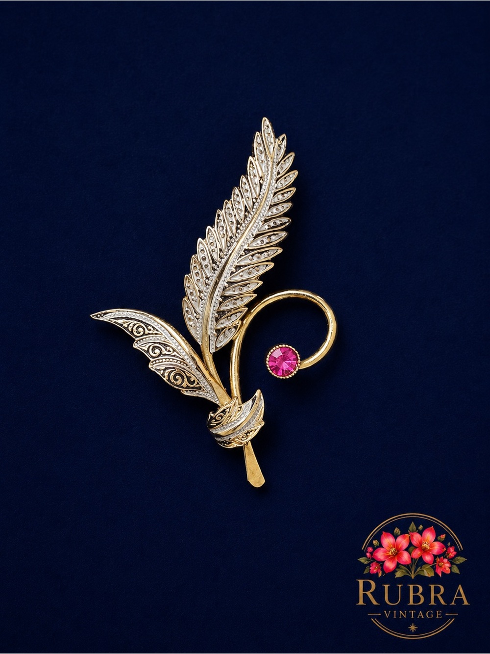 Damascene
Vintage Gold Tone Feather Brooch with Pink Stone - Picture 1 of 4
